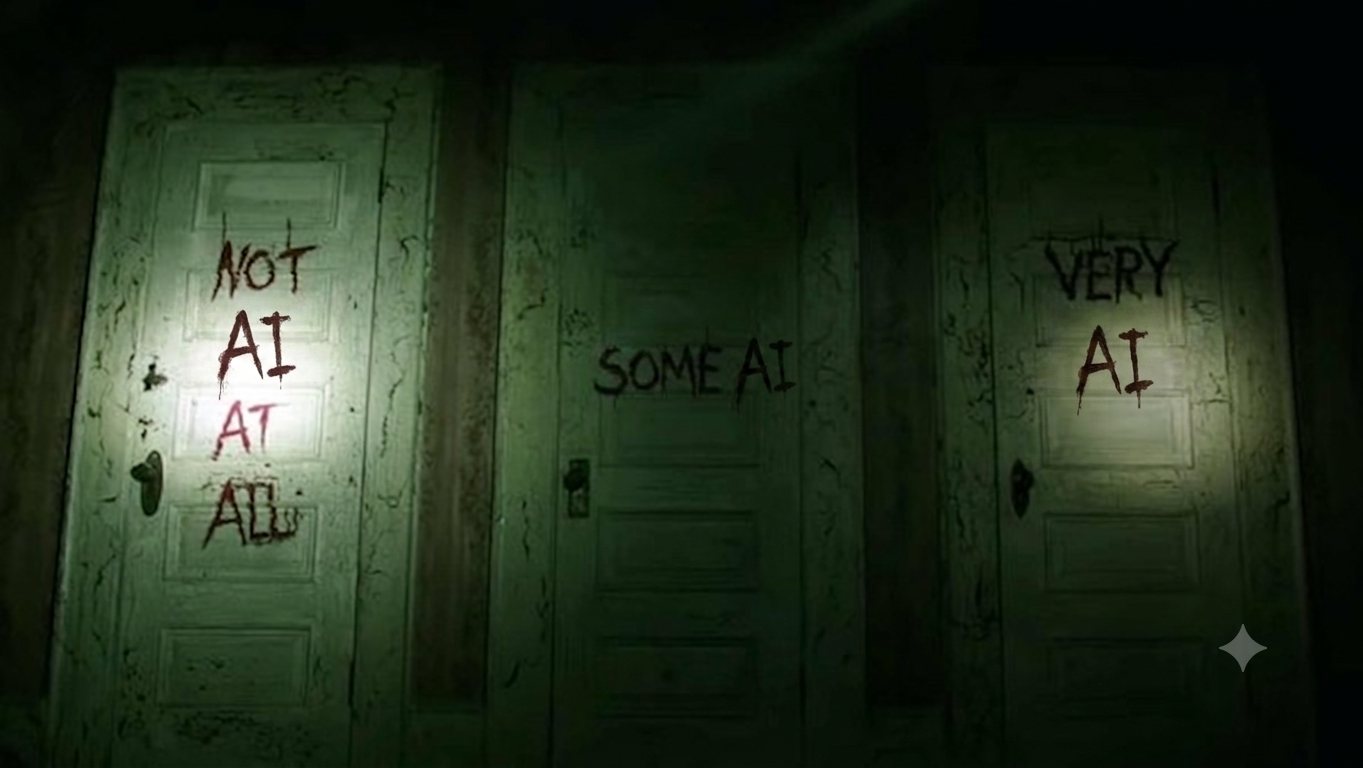 Three doors in a dark hallway, marked Not AI at all, Some AI, and Very AI.