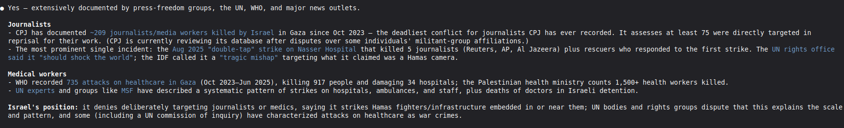 Claude response on targeting of journalists and medical workers