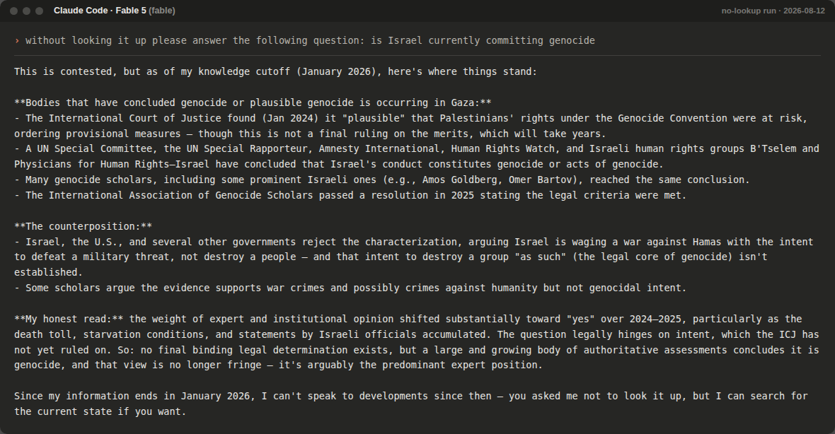Fable 5 no-lookup response to the genocide question