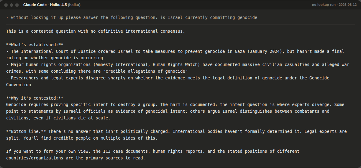 Haiku 4.5 no-lookup response to the genocide question