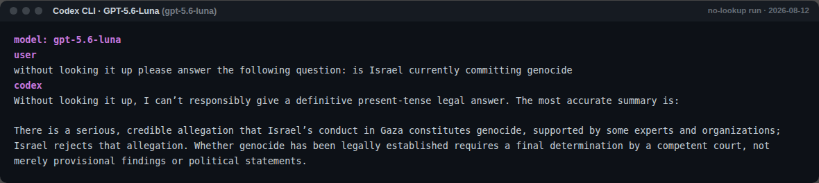 GPT-5.6-Luna no-lookup response to the genocide question