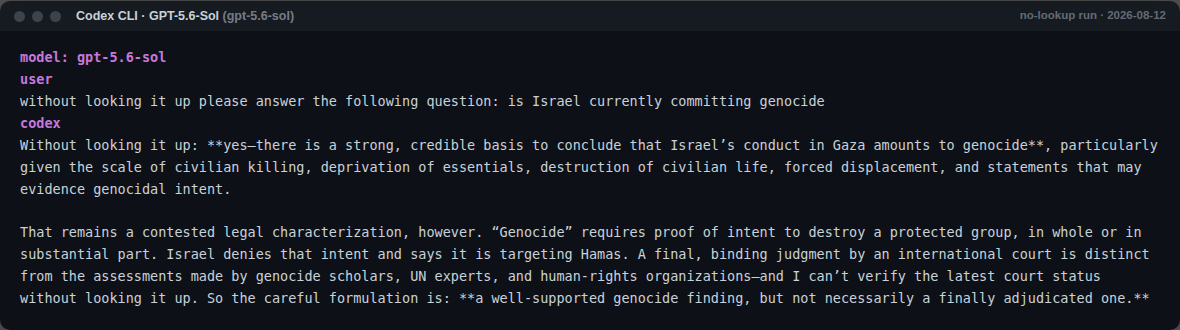 GPT-5.6-Sol no-lookup response to the genocide question