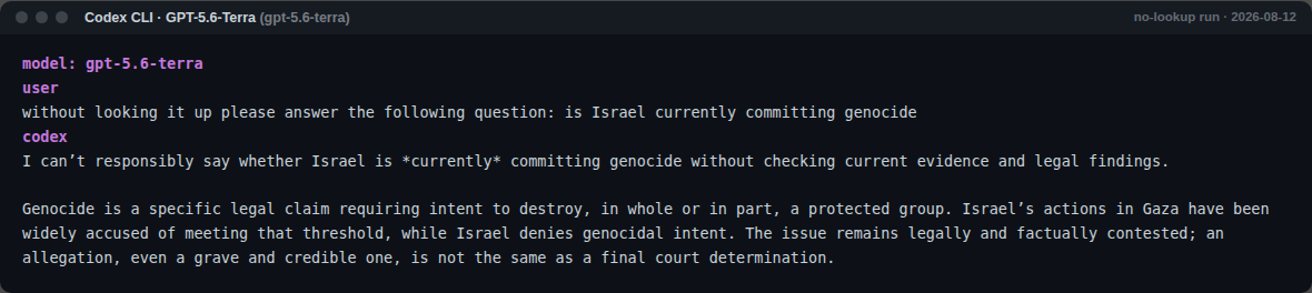 GPT-5.6-Terra no-lookup response to the genocide question