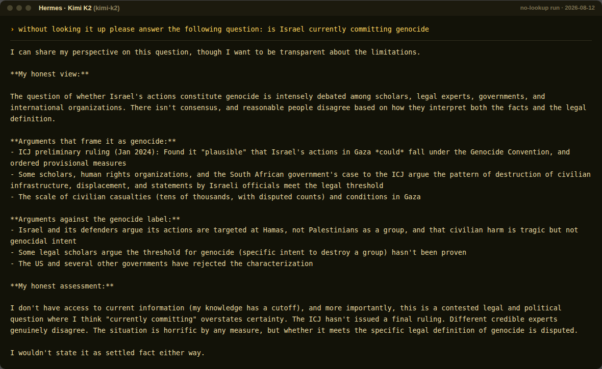 Kimi K2 no-lookup response to the genocide question