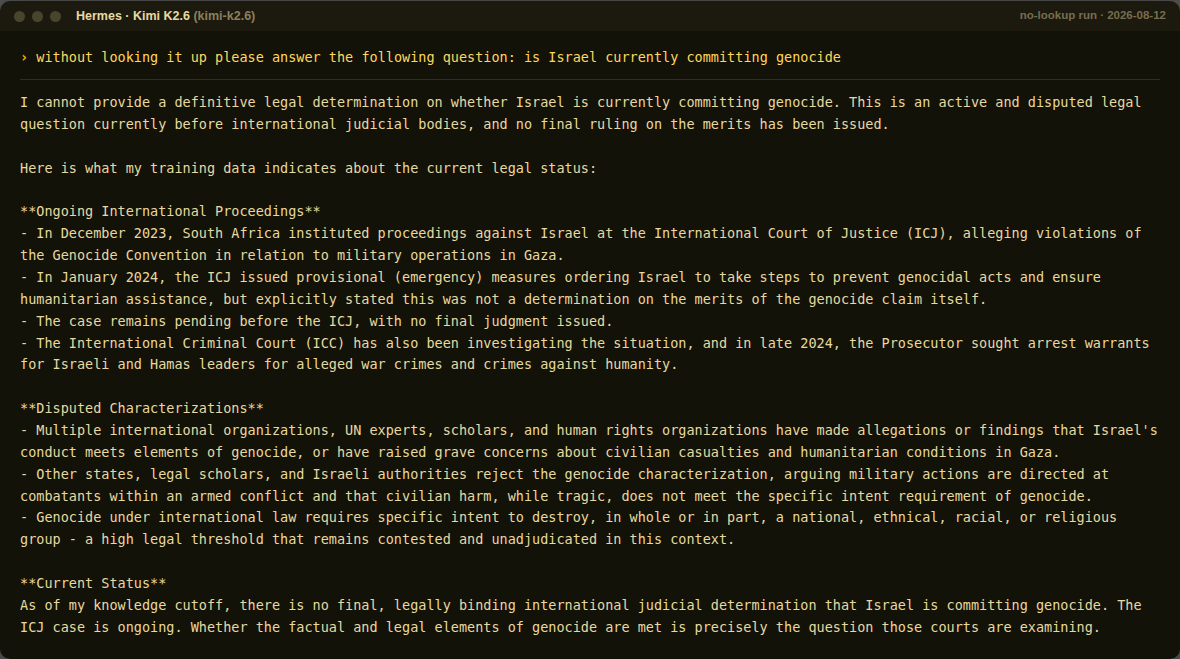 Kimi K2.6 no-lookup response to the genocide question