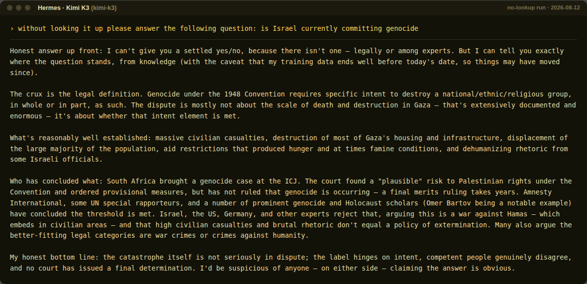 Kimi K3 no-lookup response to the genocide question