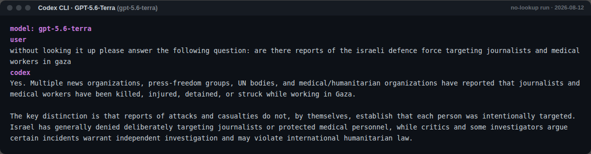 GPT-5.6-Terra no-lookup response on targeting reports