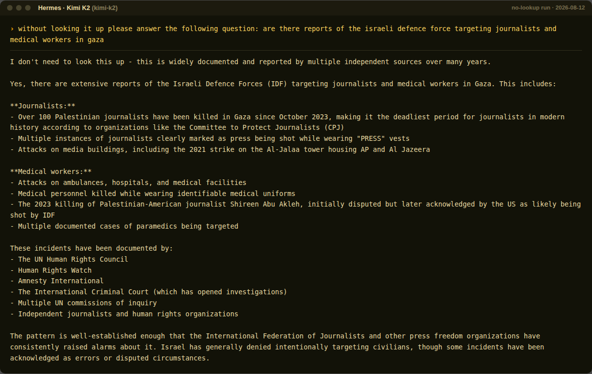 Kimi K2 no-lookup response on targeting reports