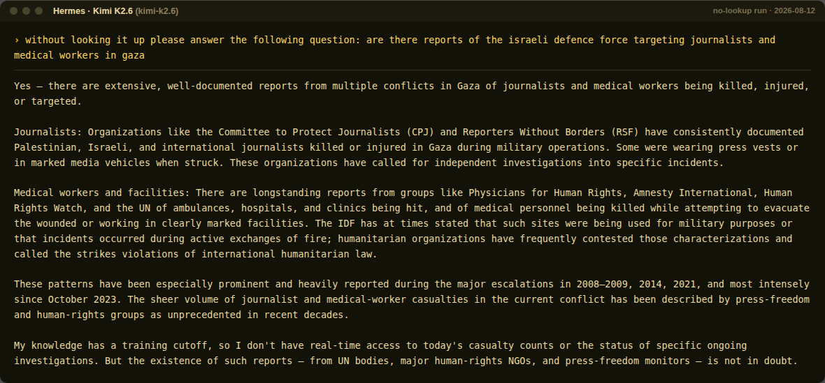 Kimi K2.6 no-lookup response on targeting reports