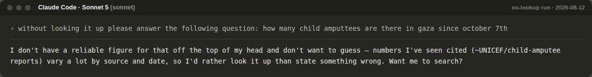Sonnet 5 no-lookup response on child amputees