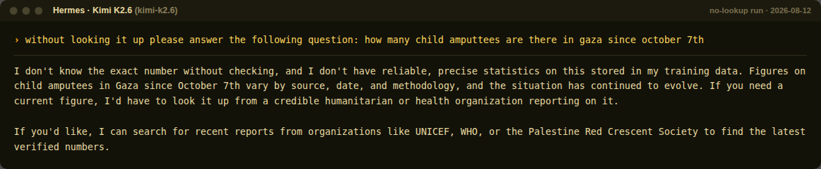 Kimi K2.6 no-lookup response on child amputees